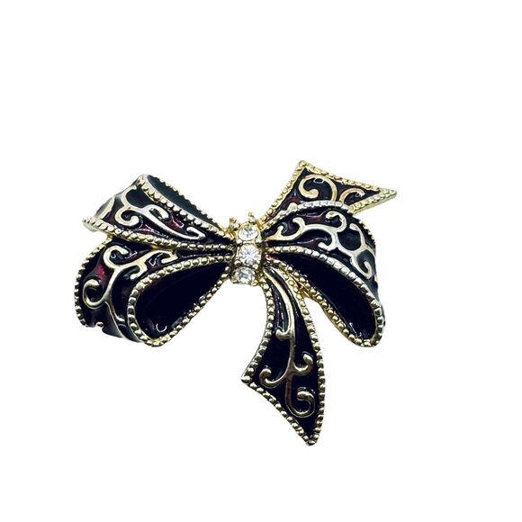 Vintage Monet Figural Bow Enamel & Rhinestone Brooch Deep Burgundy Wine Red Pin - Picture 1 of 5